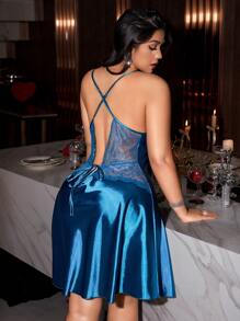 SilkySpell 大码性感露背系带拼接缎面睡袍 - 綠色 - 查看 1