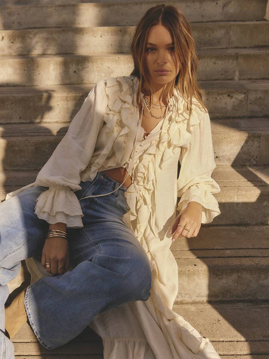 Aralina Winter Long Sleeved Ruffled Front Full Length Maxi Boho Cardigan Dress - White - View 1