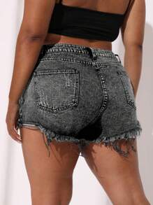 SHEIN CURVE+ Plus Size Casual Washed Distressed Denim Shorts - Black - View 2