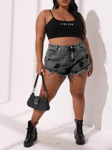 SHEIN CURVE+ Plus Size Casual Washed Distressed Denim Shorts - Black - View 5