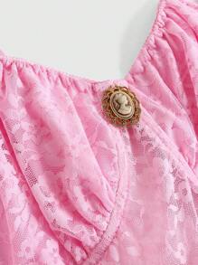 ROMWE Kawaii 卡哇伊宫廷风格缎面蕾丝拼布泡泡迷你裙连衣裙，性感细肩带 - 粉色 - 查看 3