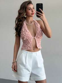 Aloruh Romantisches Date, Frühlings-/Sommerurlaub, rückenfreies Trägertop mit Struktur in Apricot für Frauen