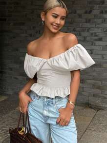 Strévra 女式纯色露肩优雅短款衬衫，秋季外出上衣 - 白色 - 查看 6