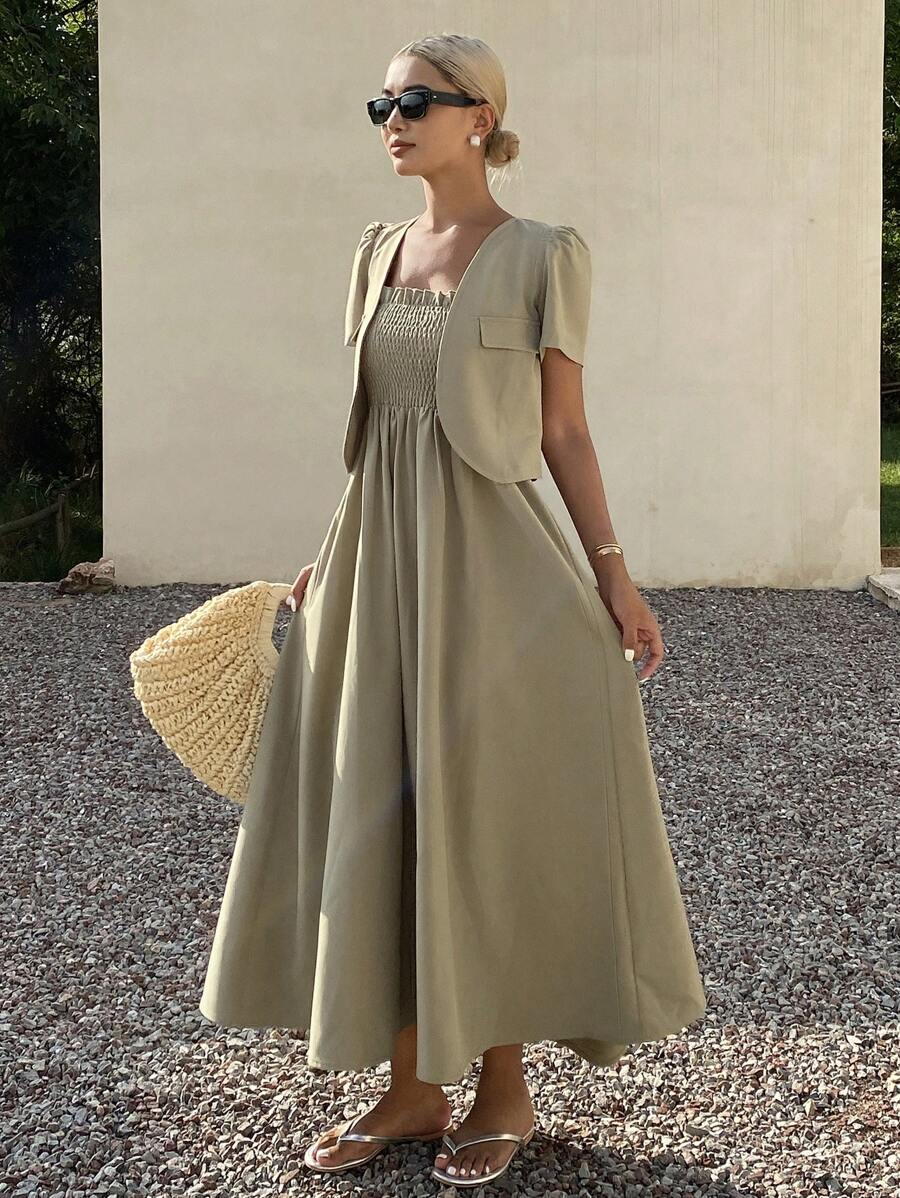 DAZY Einfarbiges, lässiges Kleid mit V-Ausschnitt und Puffärmeln & Blazer Anzug Set für Damen Businesskleidung - Grün - Übersicht 1