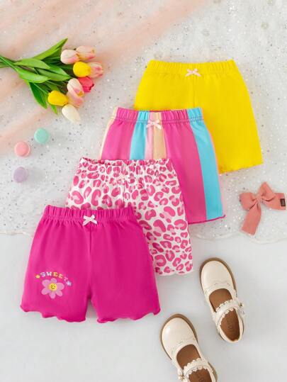 Conjunto de 5 piezas de shorts casuales para niñas pequeñas, con estampados de flores, rayas, leopardo y colores lisos, decorados con lazos