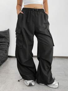 Flirla Plus Size Drawstring Pocket Loose Fit Daily Casual Black Cargo Pants Fall Cloth For Women
