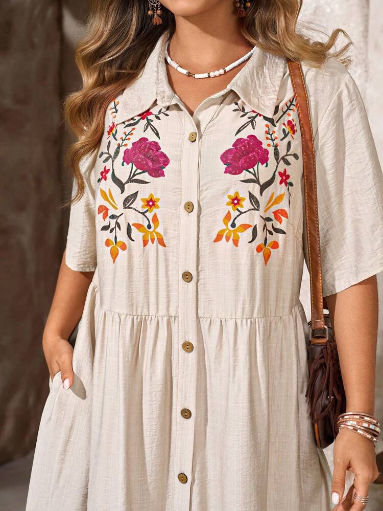 Plus Size Women Fashion Casual Floral Print Button Front Short Sleeve A-Line Dress,Country Casual Vacation Outfits Woman,Simple And Fashionable For Everyday Wear,Summer Tops Women,Summer Outfits For Women,Lithography Dress, Fall Women Clothes,Autumn,Fall Clothes,Flower/Spring