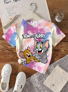 TOM & JERRY X SHEIN Tween Girl 2pcs Cartoon Print Short Sleeve Crew Neck T-Shirt, Summer