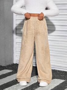 SHEIN Pantalón de pierna recta de punto de unicolor informal para niña preadolescente - Albaricoque - Ver 3