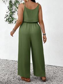SHEIN Frenchy Plus Size Casual Holiday Textured Solid Color Jumpsuit - Green - View 2
