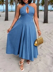 Slaydiva Women Plus Size Dark Blue Denim Dress,Hollow-Out Fitted Casual Summer Vacation Beach Holiday Sundress,Boho Long Autumn Wedding Guest Formal Dresses - Blue - View 3