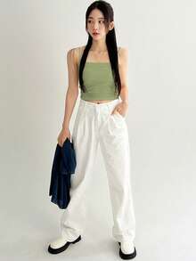 DAZY 女士纯色休闲百搭夏季修身吊带背心 - 軍綠色 - 查看 2