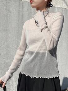 FRIFUL 女式网眼高领透明上衣，秋季长袖上衣的分层单品