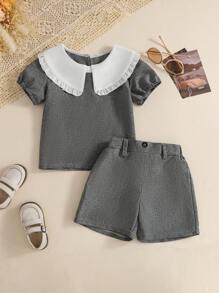 SHEIN 2pcs/Set Young Girls Elegant Blouse & Pants Set Young Girl Summer Outfits Young Girl Grey Outfits Girls Ruffle Collar Outfit Back To School Uniform - Grey - View 4