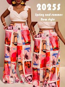 Slaydiva 2025 Women Plus Size Loose High-Waisted Wide Leg Pants With Pockets - Abstract Pattern, Casual/Commuter/Vacation/Date/Party, Pink, Spring/Summer