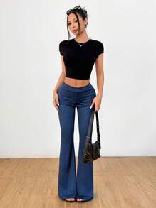 SHEIN PETITE Pantaloni a zampa slim fit con effetto denim, sexy, modellanti il lato B, con vita posteriore raccolta