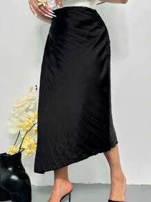 Firerie Women Plus Black Elegant Pleated Asymmetric Hem Skirt,Autumn Night Office Commute Wedding Senior Banquet Birthday Party Siren Style Skirt - Black - View 5