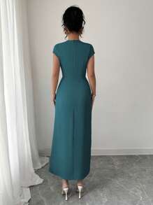 Elenzga 女士优雅精致简约 V 领系腰褶下摆长裙，落肩袖，适合工作、办公室、休闲、旅行、春夏季 - 水鴨藍 - 查看 2