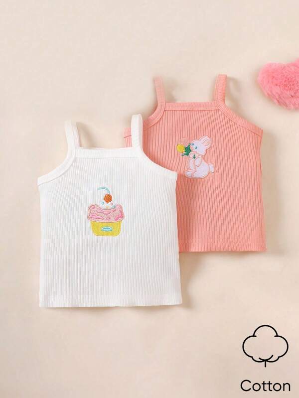 SHEIN Summer New Newborn Girl White Pink Strap Cute Cartoon Embroidered Top Two Pieces Set Comfortable And Simple