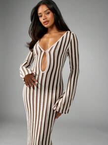 MISSGUIDED Vestido largo tipo pareo de playa con manga larga, diseño de crochet y abertura en el frente, estampado de rayas, de estilo bohemio para usar en resorts en verano - Marrón - Ver 3