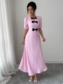 Elenzga Women's Two-Tone Bowknot Waistband Ruffle Hem Slimming Short Sleeve Mid-Length A-Line Dress - Pink - View 3