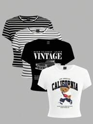 SHEIN EZwear 4pcs/Set Casual Minimalist Bear Vintage Car Print Black White Striped Round Neck Short Sleeve Cropped Tight Fit T-Shirts, Versatile Summer Wear For Women Suitable For Going Out