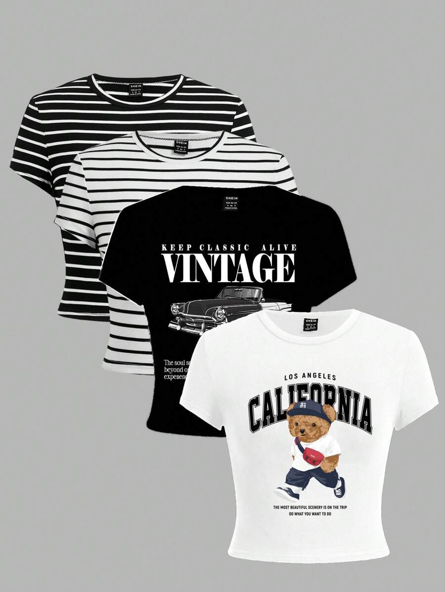 SHEIN EZwear 4 件套休闲简约熊复古汽车印花黑白条纹圆领短袖短款紧身 T 恤，百搭女士夏季服装 - 黑與白 - 查看 1