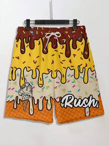 Manfinity RSRT Pantalones cortos casuales de playa con cordón y estampado total para hombres, adecuados para el verano, estilo hawaiano