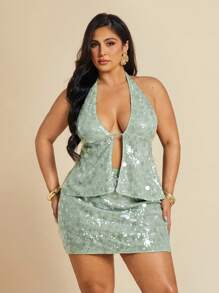 SHEIN BAE Áo thun nữ mùa hè cỡ lớn gợi cảm tuyệt đẹp màu xanh bạc hà sequins phong cách Boho bãi biển kỳ nghỉ hòa nhạc cổ yếm, đường cong ngày 4 tháng 7, bãi biển, sân bay, lễ hội, tốt nghiệp, mùa hè cho phụ nữ, áo đi chơi cho phụ nữ, tiệc tùng, câu lạc bộ gợi cảm cho phụ nữ, sinh nhật, trang phục phương Tây cho phụ nữ, áo xanh lá cây, đêm nghỉ lễ - màu xanh lá - Xem 3