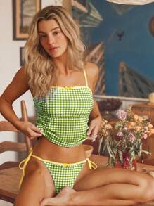 Swim Mod 女士复古格子撞色可爱分体泳衣套装 - 彩色 - 查看 6