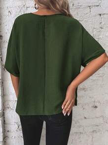 SHEIN LUNE Batwing Sleeve Knot Side Blouse - Army Green - View 2