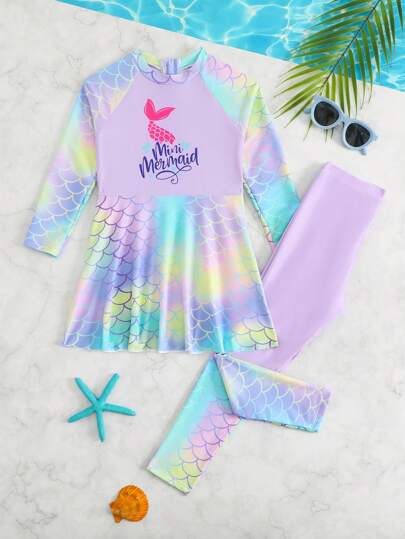 年轻女孩 2 件套比基尼套装，美人鱼印花长袖吊带背心和纯色鱼鳞图案裤子，可爱荷叶边泳装