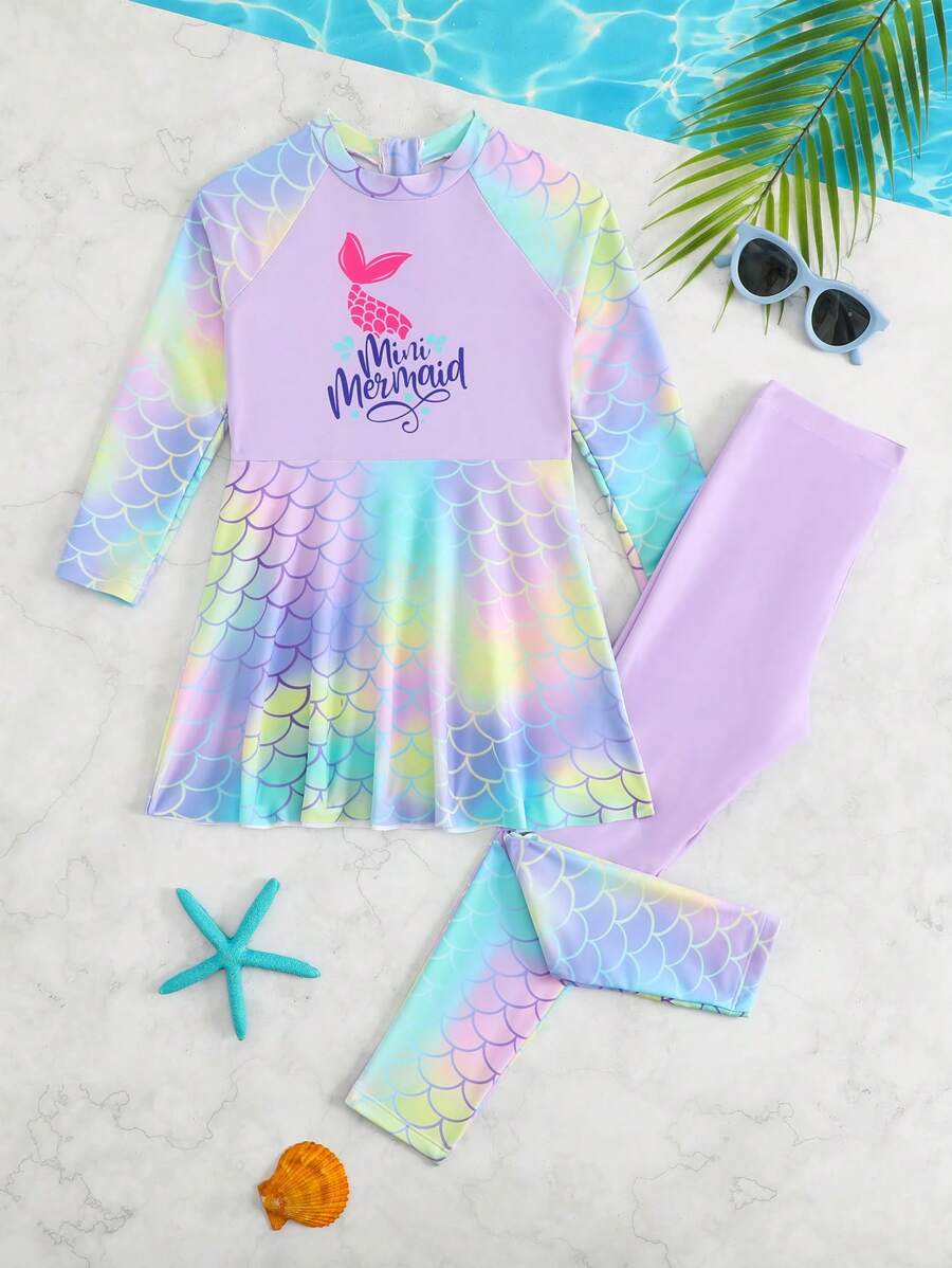 年轻女孩 2 件套比基尼套装，美人鱼印花长袖吊带背心和纯色鱼鳞图案裤子，可爱荷叶边泳装