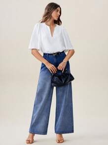 Uhlyne Modisches T-Shirt mit V-Ausschnitt in Unifarbe, im französischen minimalistischen Stil für den Alltag und Freizeitkleidung