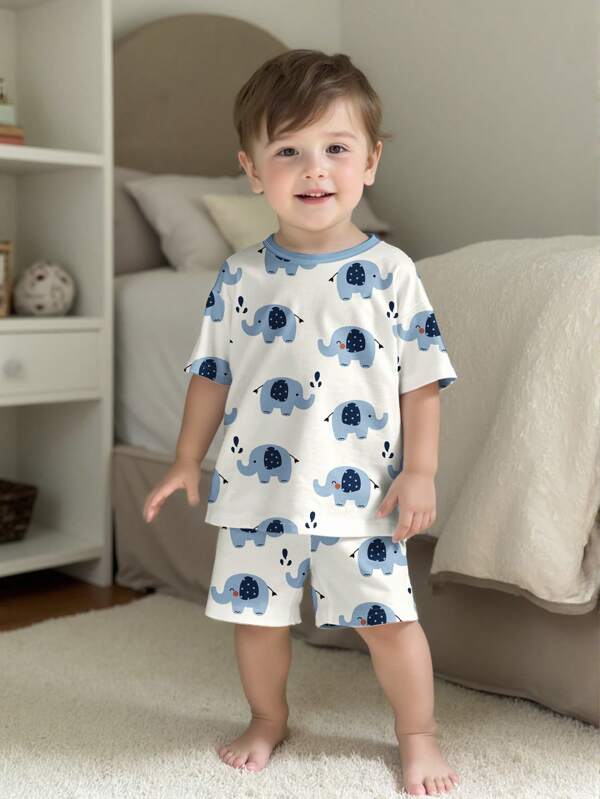 SHEIN 2pcs/Set Baby Boy Cute Elephant Cartoon Pattern Loose Casual Short Sleeve T-Shirt And Shorts, Summer Sleepwear