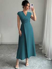 Elenzga 女士优雅精致简约 V 领系腰褶下摆长裙，落肩袖，适合工作、办公室、休闲、旅行、春夏季 - 水鴨藍 - 查看 4