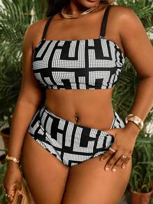 Slaydiva Plus Size Women Geometric Print Bandeau Top With High Waist 2 PiecesPant Set, Summer Beach Holiday,Vacation Outfits Woman - Black and White - View 4