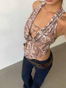 Aloruh Parte superior elegante y sexy para mujer, ideal para festivales de música, conciertos, uso diario y casual, estilo Y2K para chicas jóvenes, parte superior retro de malla tejida con estampado marrón, estilo bohemio chic para vacaciones, escote en V profundo, cuello halter, espalda descubierta, camisola con estampado de flor de anacardo, atuendos para graduación y regreso a la escuela