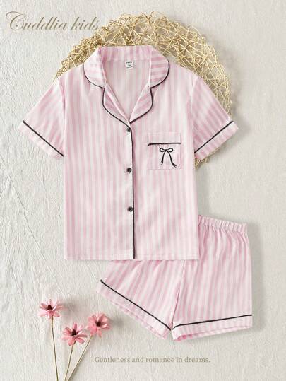 Genkimix Kids Tween Girl Classic Striped Satin-Like Shirt With Buttons, Embroidered Bowknot Pocket Short Sleeve Top And Striped Black Trimmed Shorts 2 Pieces Pajama Set,Summer,Travel