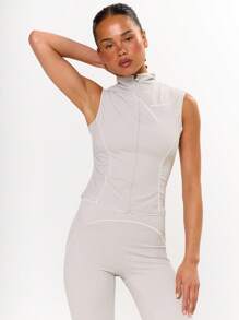 Musera Sport Mock Neck Contrast Piping Zip Through Sleeveless Tank Top, Active, Workout, Gym, Padel, Tennis, Pickleball Gym Fitness - Light Grey - View 1