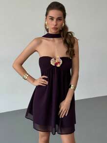 Aloruh Đầm không tay họa tiết hoa trơn màu cho nữ - Màu tím - Xem 1