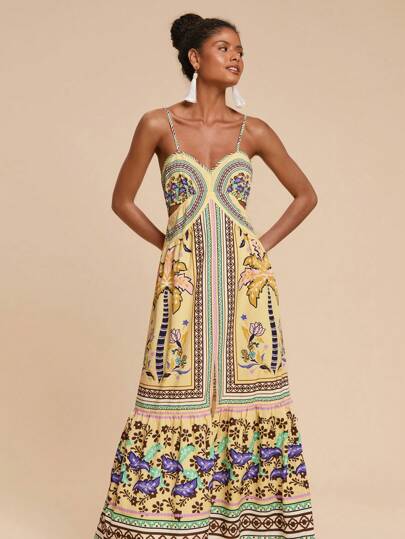 Travachic 女式露背镂空植物印花沙滩吊带裙，不对称前开叉短款