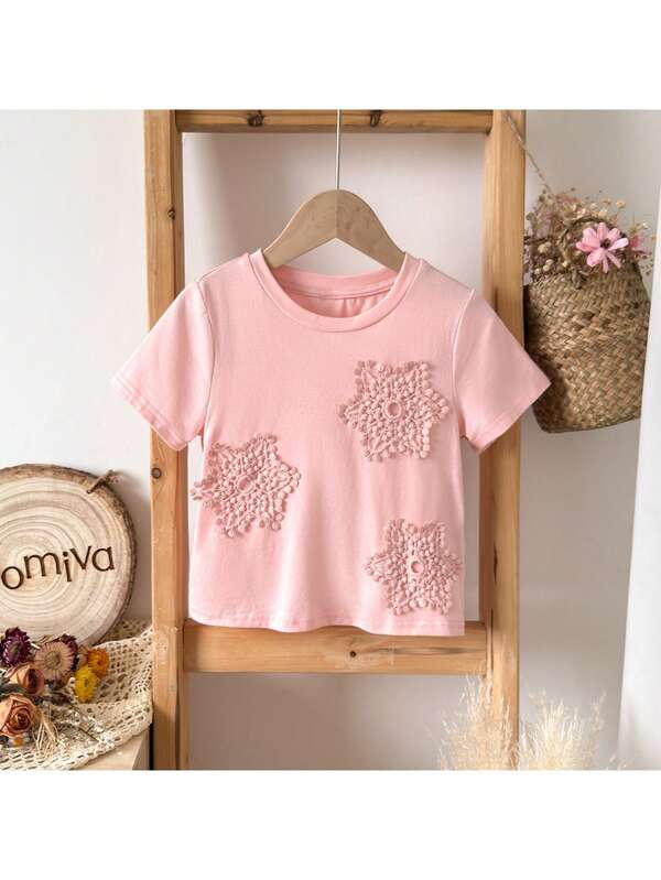 Loomiva Kleine Mädchen Kurz-Arm T-Shirt mit weicher und dehnbarer Blumenstickerei, Rundhals-Ausschnitt, Pink