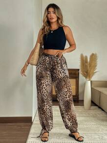 Flirla 大码女式豹纹下摆抽绳腰直筒休闲裤 - 彩色 - 查看 3