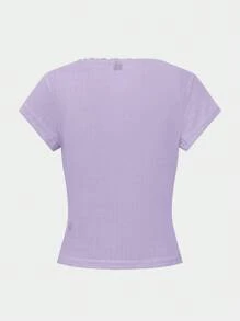Chiquease Cute Lace Trim Short Sleeve T-Shirt For Women, Slim Fit 3-Button Design Casual Tee Tops For Summer