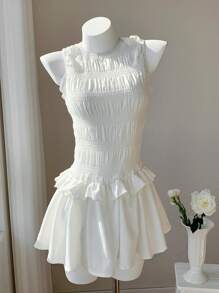 SHEIN EZwear 夏季休闲度假白色亚麻荷叶边下摆迷你连衣裙 - 白色 - 查看 6