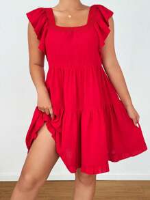 Flirla Plus Size Square Neck Elastic Cap Sleeve A-Line Frill Trim Dress - Red - View 5