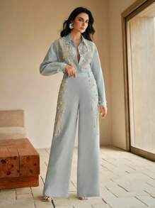 Anewsta 1 Stück Damen Blume Jacquard Langarm Einreihige Elegante Bluse