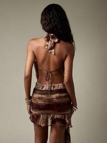 MISSGUIDED Plunge Neck Halter Mini Dress Asymmetric Ruffle Hem Backless Resort Evening Summer Party Chiffon Tie Dye Sleeveless