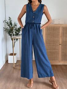 EMERY ROSE Combinaison casual à col en V avec poches et sans manches pour femmes, été - Bleu azur - Voir 1